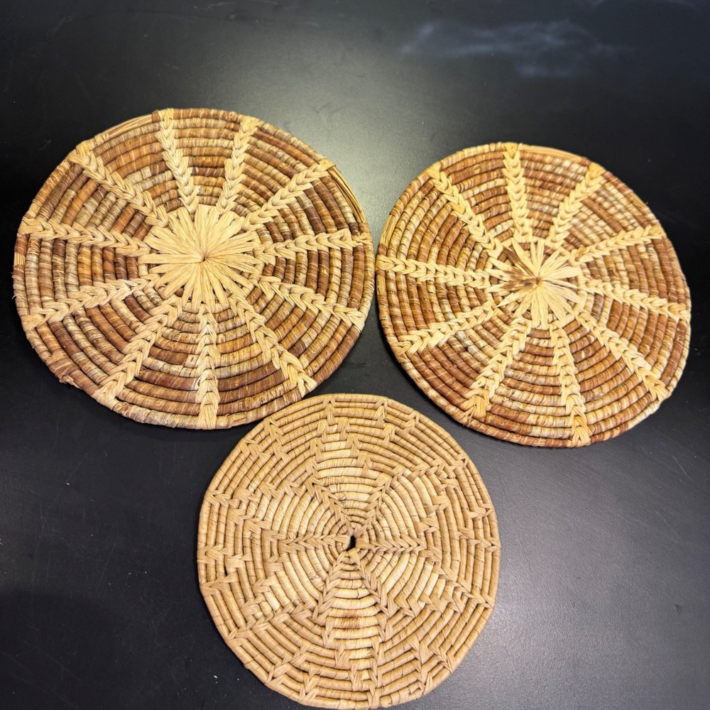Handmade Woven Raffia Trivet Set 3 Brown Tan Boho Wall Decor Mats